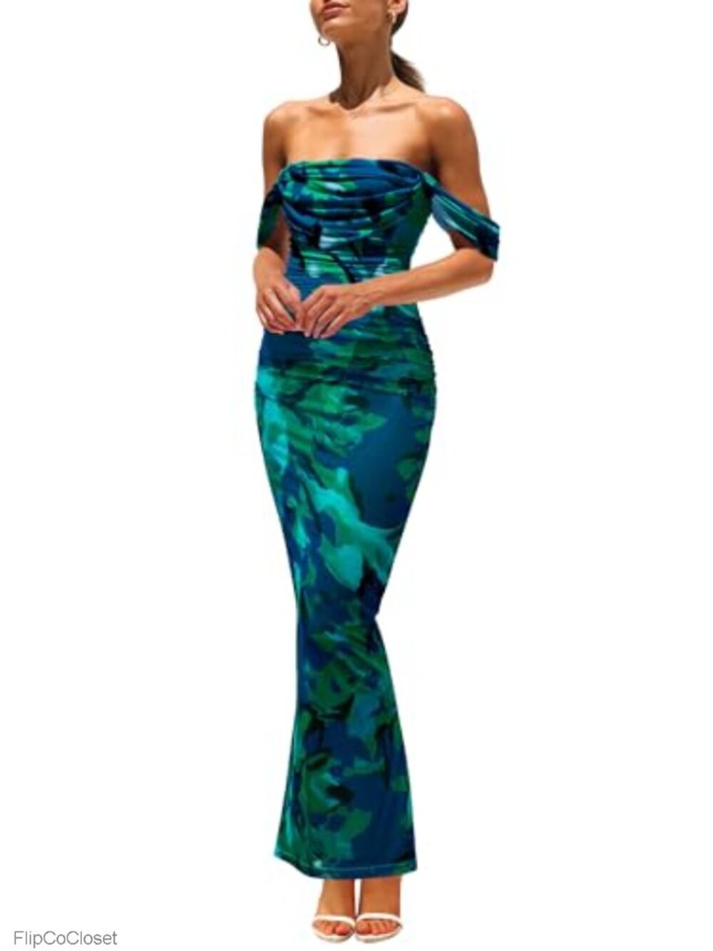 Off Shoulder Ruched Mesh Maxi Dress Bodycon Formal Party